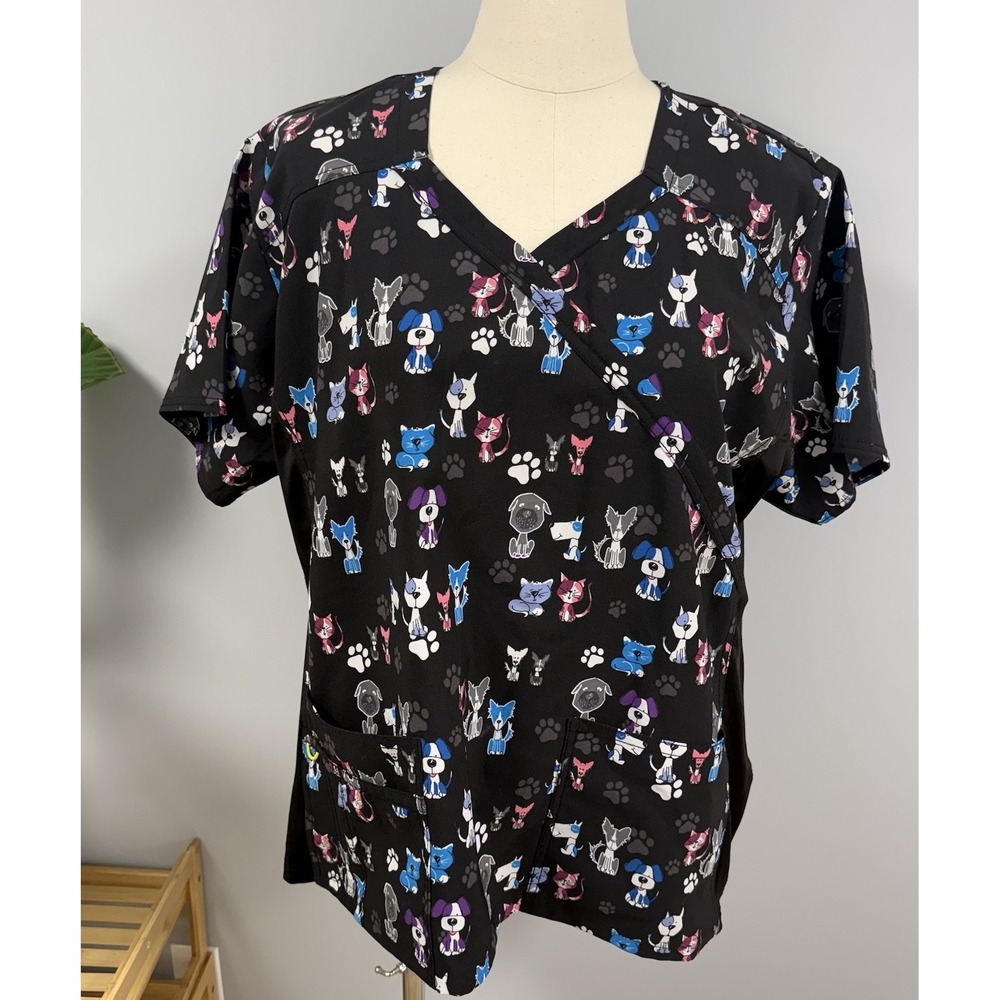 WonderWink Scrub Top 3X Black Dog Cat Print Mock Wrap Scrubs Vet Tech Nurse